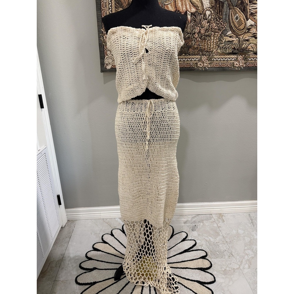 Two Piece Set Womens Small Beige Crochet Strapless crop Maxi Skirt Beach